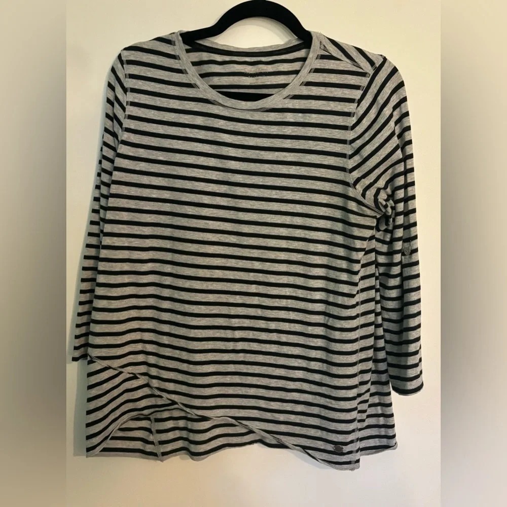 CK Performance Calvin Klein Womens Sz Med Gray Navy Stripe 3/4‎ Sleeve Roll Tab